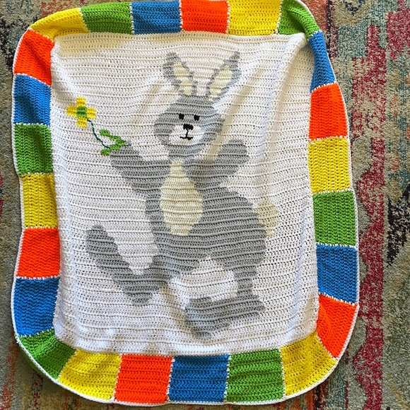 Homemade Crochet Baby Blanket vintage bunny rabbit floral bold grandma knit